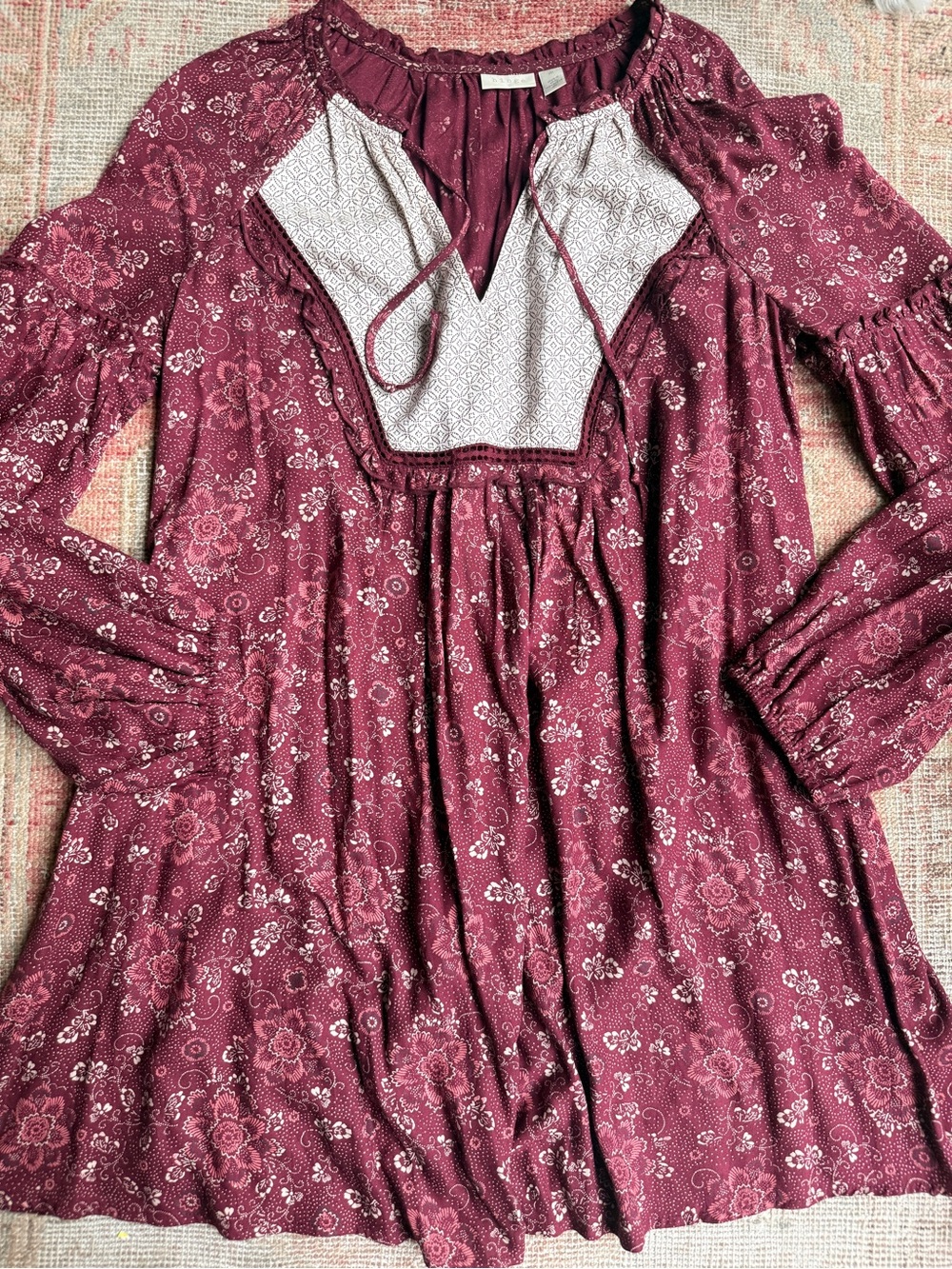 hinge Wine Floral Mini Dress with Contrasting Yoke